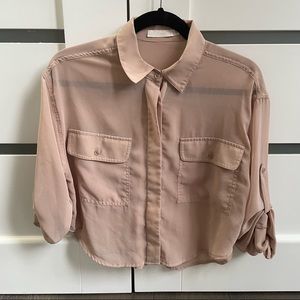 Lush Beige Sheer Button Up Pocket Crop Top Blouse